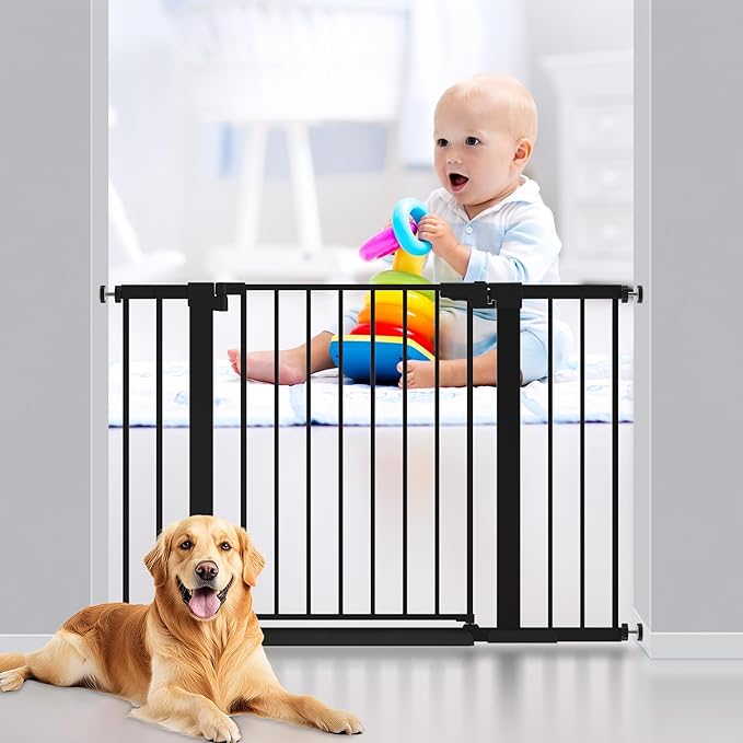 29-46 inches Metal Baby Gate for Stairs/Doorways, 30 inches Tall Pressure Mounted Pet Gates, Auto-Close Child Safety Gate, No Drilling Easy Walk-Through Dog Gate Indoor, Black