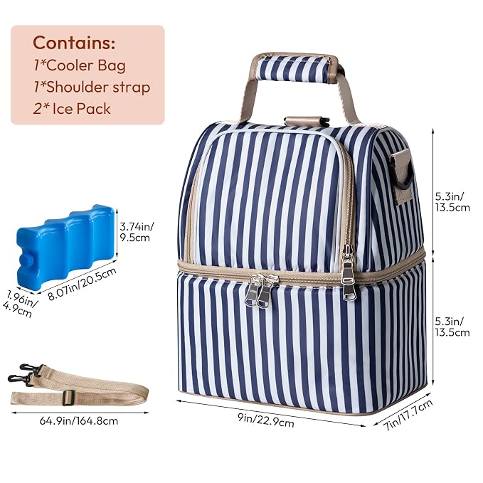 NCVI Breastmilk Cooler Bag with 2 Ice Pack, Breast Pump Bag with Cooler Fits 6 Bottles, Double Layer Breast Milk Baby Bottle Cooler Bag, for Travel, Nursing Mom Daycare, Work, Picnic (Stripe)