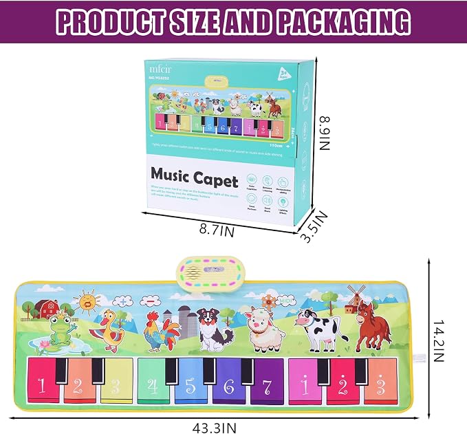 Toddler Toys Farm Animals Piano Mat, Baby Musical Floor Carpet Play mat for Kids,Sensory Educational Learning Dancing Keyboard,Touch Blanket Xmas Christmas Birthday Gift for 1-5 Year Old Girl boy