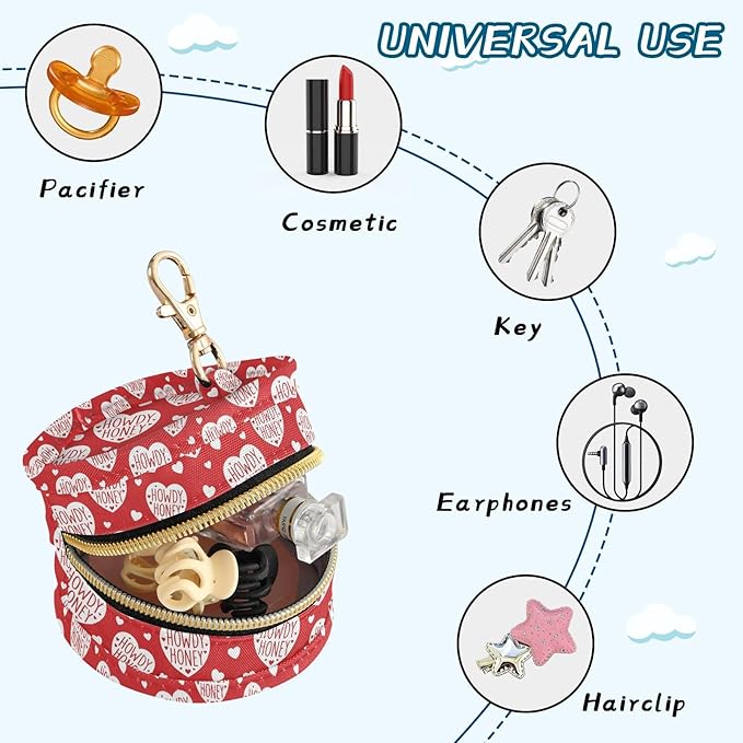 Cowboy Love Red Pattern Pacifier Holder Case Newborn Pacifier Storage Pouch for Boys Girls Easy Attach to Diaper Bag Portable Baby Essentials Container