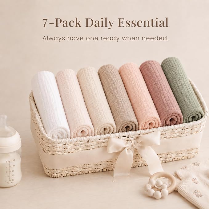Konssy Muslin Baby Burp Cloths Sets for Unisex- 7 Pack Soft 100% Cotton Burping Clothes for Newborn，Baby Girls and Boys