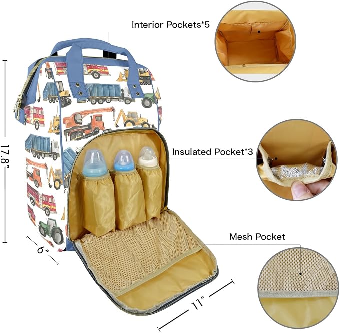 Custom Diaper Bag for Baby Customized Construction Vehicle Baby Bag Personalized Nursing Bags with Name Custom Name Mommy Daypack Bag Tote Bag Gifts