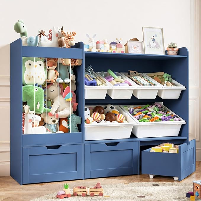 50.6" W Large Toy Storage, Kids Toy Organizer Shelf with Stuffed Animal Zoo, 6 Plastic Bins, 3 Rolling Boxes, Wooden Toddler Toy Bookshelf Organization Shelves for Kids Room, Bedroom (Blue)