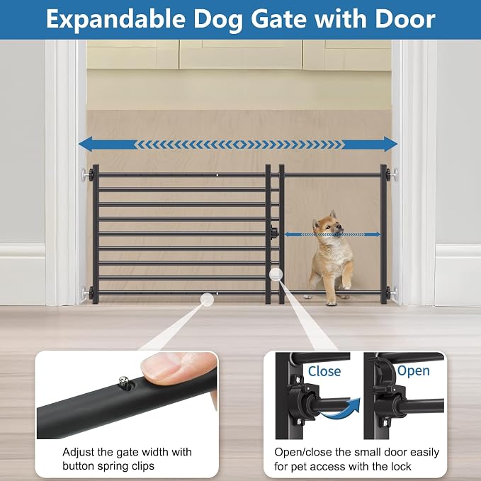 Malier Dog Gate with Door, 34-55" Extra Wide Full Metal Pet Gate Short Dog Gate for Stairs, Pressure Mount 20'' Tall Small Puppy Gate, Easy Step Over Low Gate for Doorways