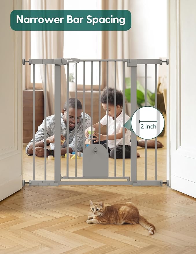 Babelio 36" Tall Auto Close Baby Gate with Cat Door,29-43" Metal Gate for Doorway,Stairs,House,Easy Walk Thru with pet Door,Includes 4 Wall Cups and 3 Extension Pieces,Gray