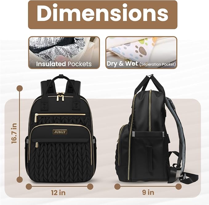 Jubily Diaper Bag Backpack, 30L Travel Backpack for Women, Waterproof Bag with 5 Compartments, 20 Pockets, Laptop & iPad Slots, Portable Changing Pad, Baby Essentials Organizer (Black)