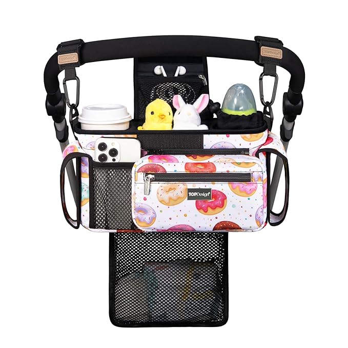 TOPDesign Universal Baby Stroller Organizer, Stroller Caddy with Detachable Mesh Bag & Heightened Insulated Cup Holders & Non-Slip Secure Hooks Accessories, Fits Most Strollers (Donuts)