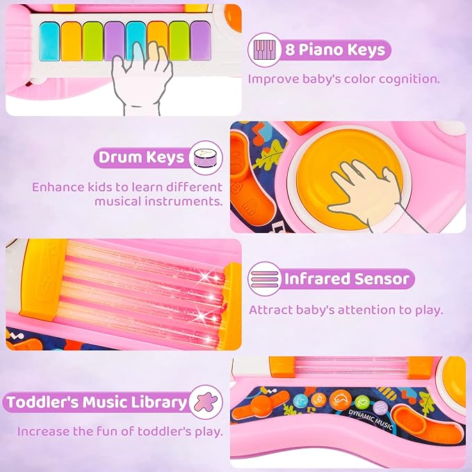 Kids Guitar 2 in 1 Musical Instruments for Kid - Fun Piano Toddler Toy & Electric Guitars | Explore Creativity | Unleash Child?™s Talent, Music Toys for 2-4 Year Old Boys & Girls (Pink)