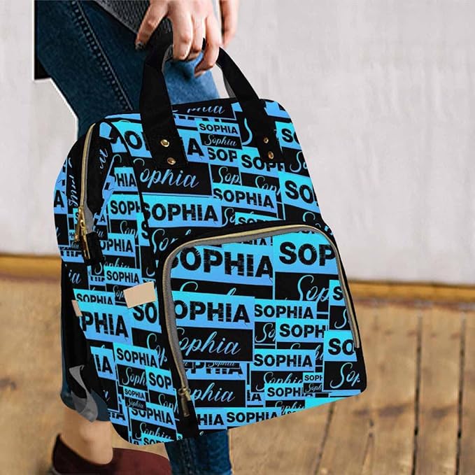 Artsadd Personalized Diaper Bag with Name, Customized Black Blue Signature Nappy Backpack with Thermal Pockets Multi-function Baby Bags Handbag Shoulder Bag for Girls Boys