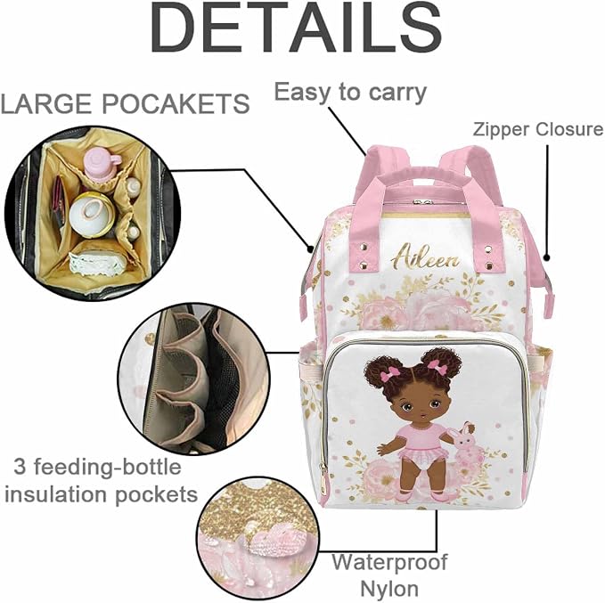 M YESCUSTOM Customized Diaper Bag Backpack with Name Personalized Pink Flower Mommy Bag for Mom Dad Unisex Multi Function Bag