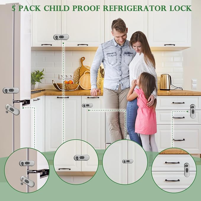 5 Pack Child Proof Refrigerator Lock, Baby Proofing Cabinet Locks, Oven Lock Child Safety ??No-Drill Adhesive Safety Fridge Lock for Fridge, Oven, Dishwasher & Windows(Grey)