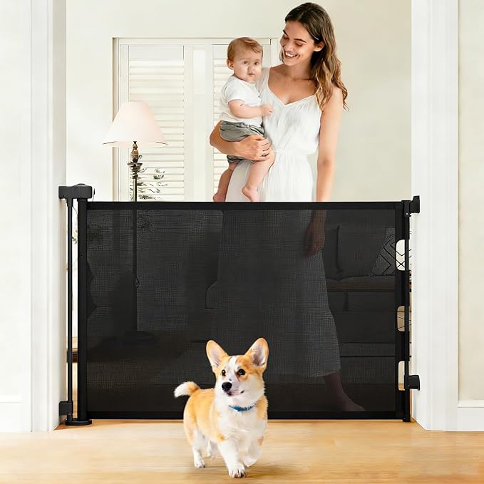 Retractable Baby Gate, 55 in Wide x 33 in Tall Mesh Dog Gate, Hardware Mounted Safety Gate with Double Lock for Doorways, Hallways, Indoor Outdoor, Black