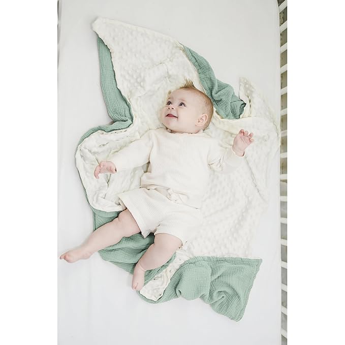Konssy Baby Blankets for Unisex Boys Girls, Super Soft Nursery Minky Blankets with Muslin Cotton Front and Dotted Fleece Backing, Printed Bed Throws Newborn