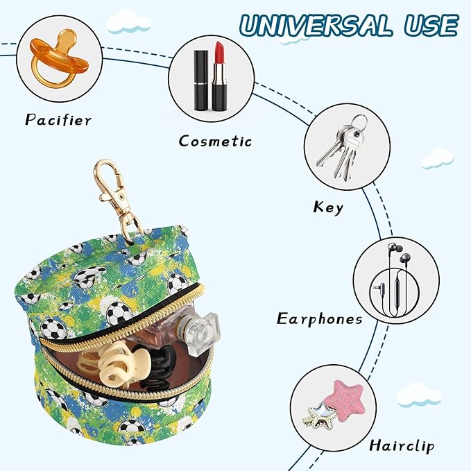Soccer Colorful Splatter Print Pacifier Holder Case for Diaper Bag Portable Travel Pacifier Storage Case with Clip Newborn Baby Pouch for Outdoor Purse Baby Boys Girls