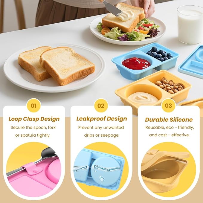 Reusable Snack Containers with Lids Silicone, 3 Pack Double/2 Compartment Small Snackle Box Container for Salad Sauce, Condiment Containers with Lids for Portion Control, Travel, Picnic
