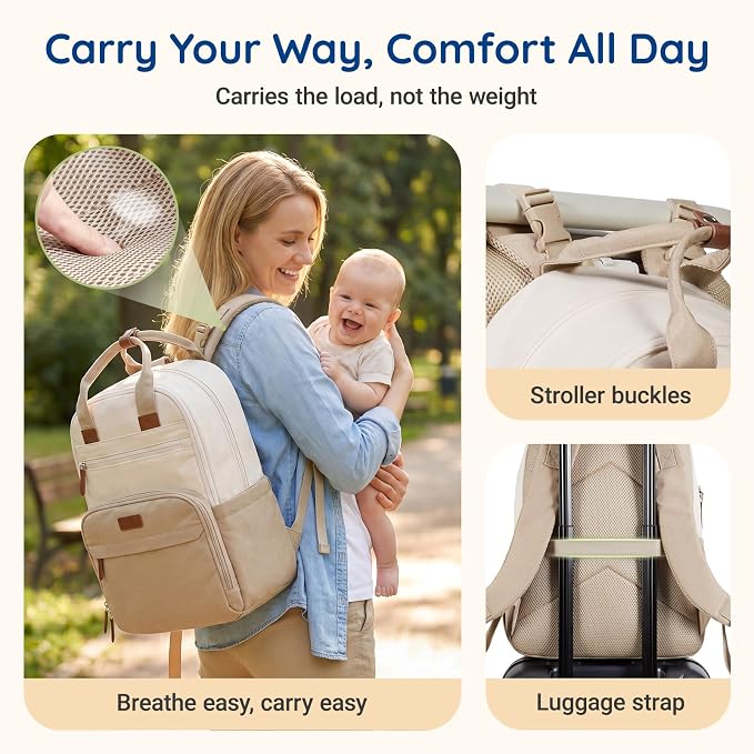 mommore Diaper Bag, Large Baby Diaper Bag with Quick-access Insulated Pockets, Changing Pad, Functional Travel Backpack with Luggage Strap, Stroller Straps