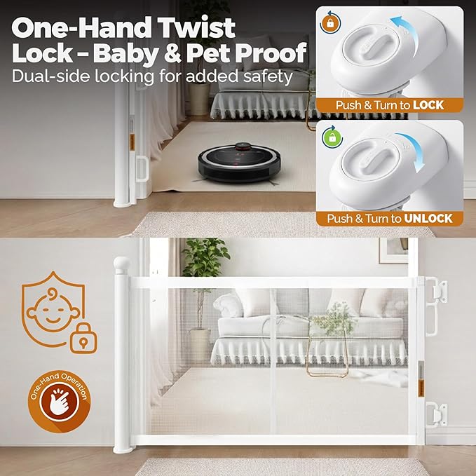 Retractable Baby Gate - 72" Wide Mesh Dog Gate with Support Rods - 34" Tall for Stairs, Doorways, Hallways - Drill or No-Drill - Pet & Cat Gate - Outdoor/Indoor (White, 5.91 Feet)