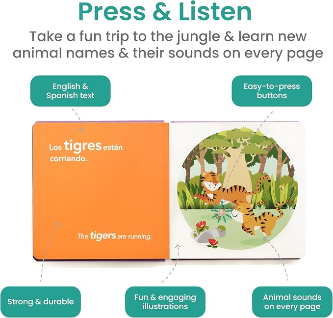 Binibi Bilingual Spanish Sound Board Book for Babies & Toddlers 1–3 – Jungle Animal Sound Buttons, Interactive Early Spanish Learning Board Book – Durable Gift