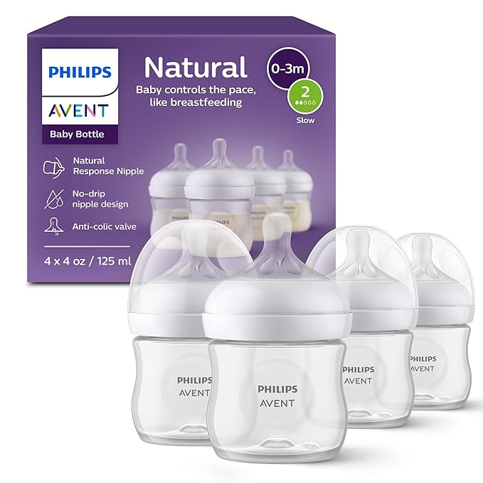 Philips Avent Natural Baby Bottles with Natural Response Nipples (Slow Flow, Flow 2), 4oz, 4-Pack, SCY900/04