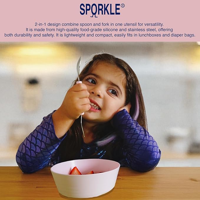 Rowers&Moon Stainless Steel Fork and Spoon Set for Toddlers and Babies, Children's Utensils, BPA-free Silicone Handle, Dishwasher Safe, 2 in 1 Self-Feeding, Travel-Friendly, Portable