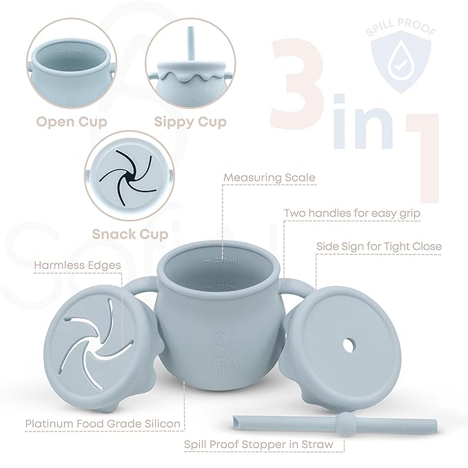 BPA-Free Non-Toxic Silicone Baby Feeding Set ??Suction Plate, Bowl, Bib & Cup ??11-Piece Baby Led Weaning Set for Ages 6-18 Months ??Eco Gift Bag (Dusty Blue)