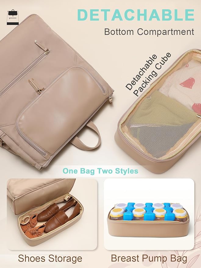 MOMINSIDE Diaper Bag Backpack - Large Baby Diaper Bag with 14 Pocket, Leather & Nylon Travel Diaper Backpack for Mom, Breast Pump Bag, Removable Cooler Compartment, Double Layer, Khaki