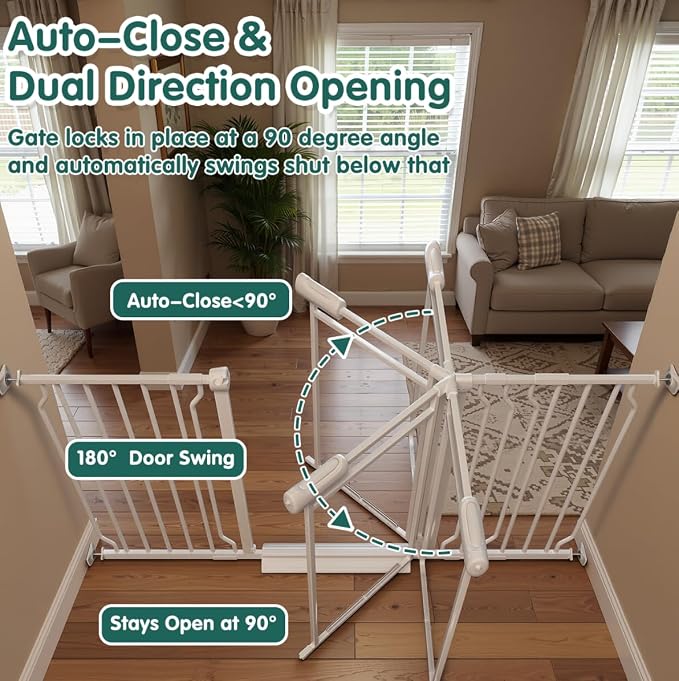 Triple-Lock Acrylic Extra Wide Baby Gate 57.5"-65.74", Crystal Clear Transparent Pet Gate for Dogs, Heavy Duty Metal Gate for Doorways, Pressure Mount Child Safety Barrier, Auto Close, White