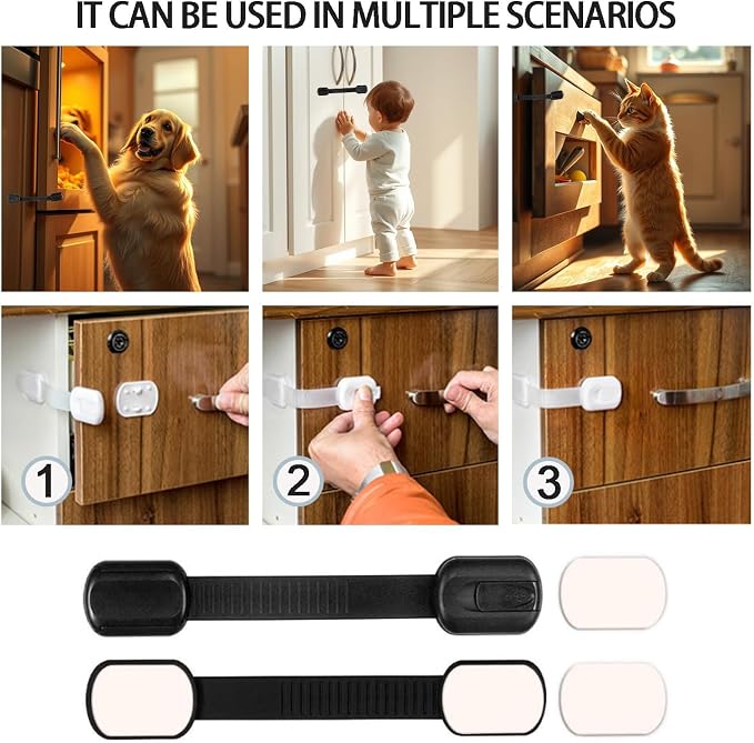 Baby Safety Cabinet Locks, 6 Packs Adjustable Childproof Straps with Adhesive for Dresser Drawer Cupboard Doors Closet Oven Refrigerator Fridge