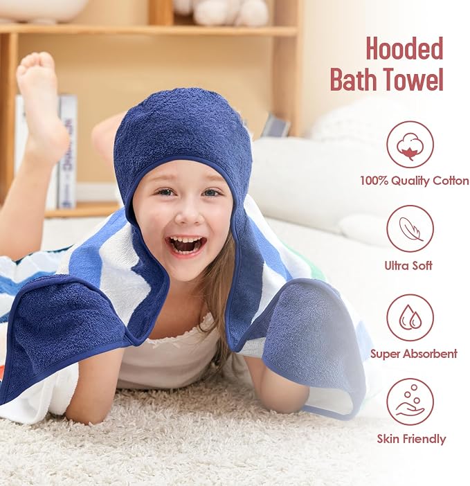 Style Quarters 100% Cotton Kids Hooded Bath Towel with Colorful Stripe Design - Large 50"x24" Soft Terry Toddler Beach Towel, Rainbow Hooded Towel for Boys & Girls (Rainbow)