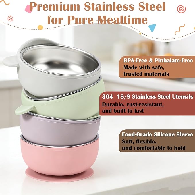 Personalized Stainless Steel Baby Bowls with Suction, Custom Name Toddler Fork and Spoon Set for Self Feeding, 4-Pc Set for Baby Led Weaning, Ideal for Showers & Birthdays