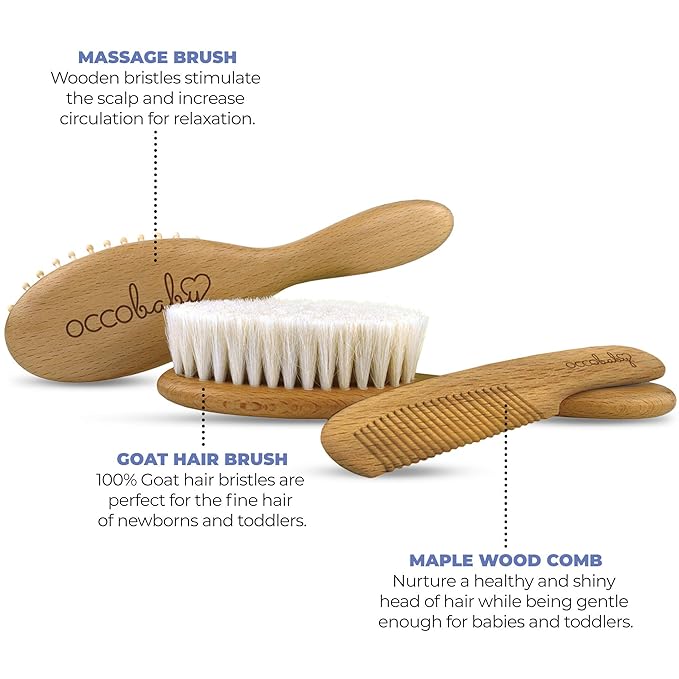 OCCObaby Wooden Baby Hair brush Set for Newborns & Toddlers - Soft Hair Brush for Baby Grooming - Baby Scalp Brush and baby comb for Cradle Cap - Toddler Comb