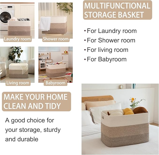 OIAHOMY 108L Large Cotton Rope Basket, Rectangle Woven Baskets for Storage, Nursery Blanket Storage Living Room, Toy Basket With Handle-25?�x16?�x16??Gradient Yellow