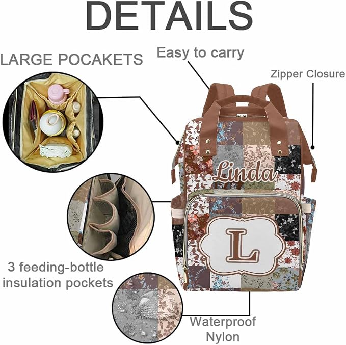 M YESCUSTOM Personalized Diaper Bag Backpack with Name Custom Mommy Nursing Brown Plaid Daypack Casual Travel Daypack with Text Waterproof Nappy Bags New Born Gift for Mom Dad Adult