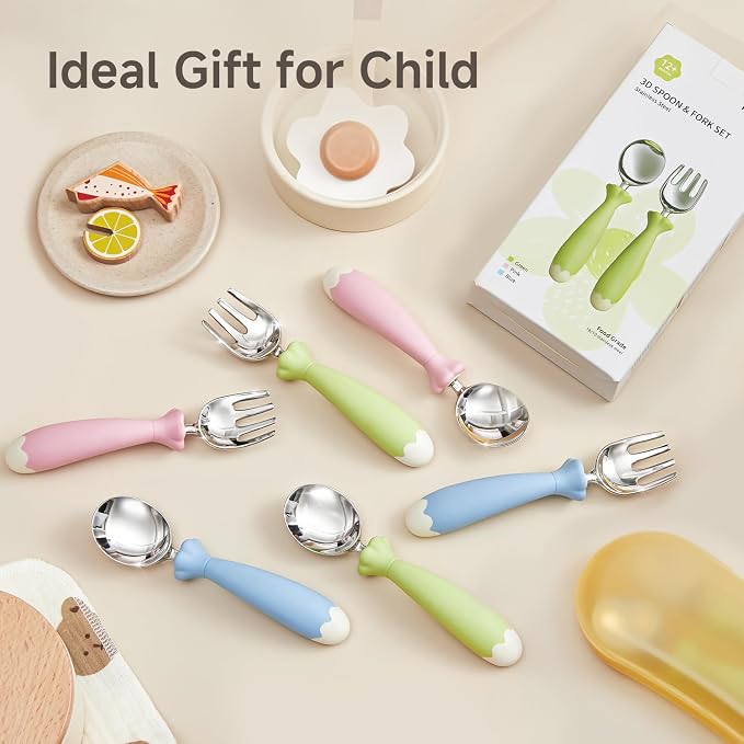 KINGSTONE Toddler Utensils with Case, Kids Silverware Set with Silicone Handles, 18/10 Stainless Steel Children Safe Forks and Spoons, Travel Carrying Cases BPA Free, Dishwasher Safe (pink)