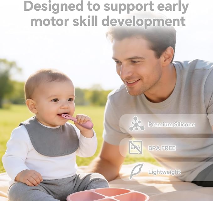 Baby Spoons Self-Feeding 6+ Months, 6 Pack Silicone Training Spoon Set for Baby Led Weaning, 3-Stage & Easy Grip First Utensils for Toddlers Learning Eating Essentials, Dishwasher Safe (Pink Rose)