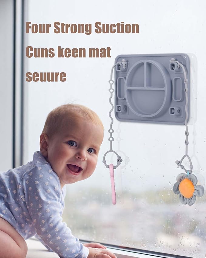 Strong Suction Baby Placemat, STARTURFLYU Silicone Toddler Plate with 4 Toy Straps & Anti-Peel Design, Dishwasher Safe Travel-Friendly Sensory Mat for High Chair, Airplane, Baby Led Weaning (Green)