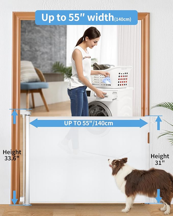 2-Pack Retractable Baby Gate for Stairs-33”Height, Expands up to 55”Width-Safety Gate for Infants, Toddlers, Dogs & Pets-Easy Install, Secure Closure, White Mesh Design for Indoor & Outdoor Use