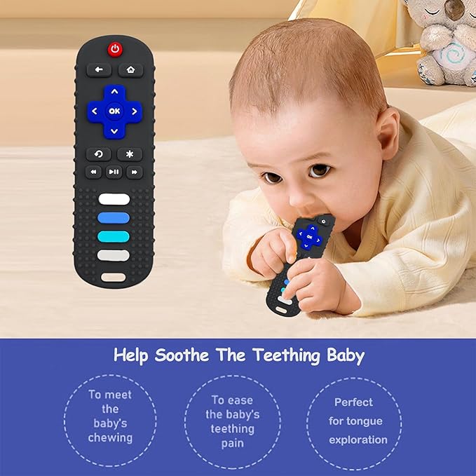 ROBBEAR Baby Teething Toys, Food Grade Silicone Teether for Babies 3 6 12 18 Months, TV Remote Shape Toddlers Chew Toys, Freezer BPA Free (Black RC)