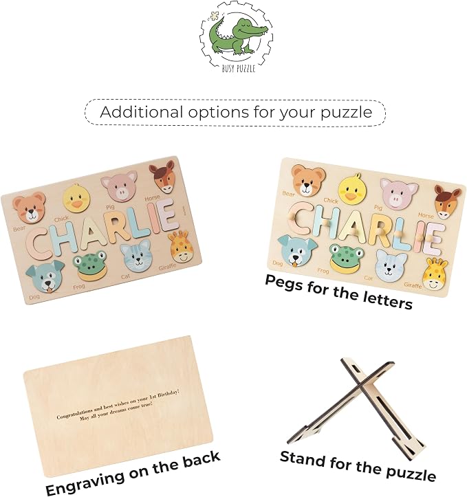 Name Puzzle with Animals, Personalized Gift for Kids, Baby Boy Birthday Gift, First, Woodland Animals, Montessori Wooden Toys