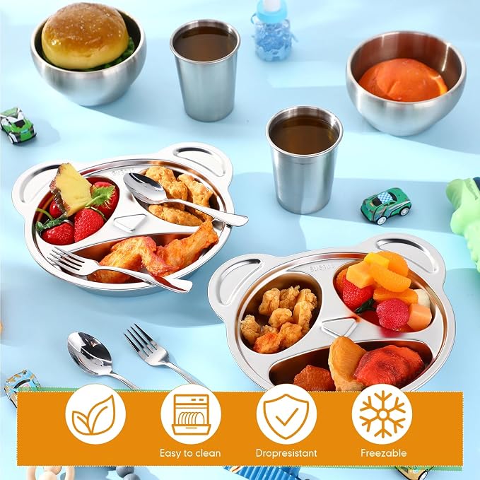 Jinei 30 Pieces Kids Stainless Steel Utensils Set Include Panda Shaped Plates, Bowls, Cups, Spoons, and Forks, Stainless Steel Dinnerware set for Kids Utensils (Panda)