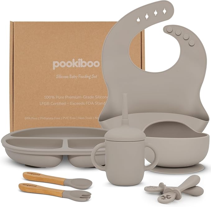 Silicone Baby Feeding Set - 100% Pure LFGB Premium Silicone - 8 Piece Feeding Set: Bib, Straw Cup, Suction Plate & Bowl, Fork & Spoon, Self-Feeding Spoons - BPA-Free, BPS-Free (GRAY)