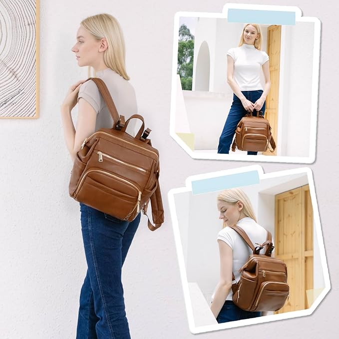Omanmoli Small Diaper Bag Mini Diaper Bag Backpack Leather Diaper Bag With 12 Pockets Baby Travel Bag,2 Insulated Pockets,USB Charging Port,Stroller Straps,Brown