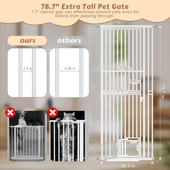 78.7" Extra Tall Pet Gate with Cat Door, Pressure Mounted Dog Gate Walk Through No Drilling, 27.5"-37.4" Wide Tall Pet Gates for Doorways & Stairs, White