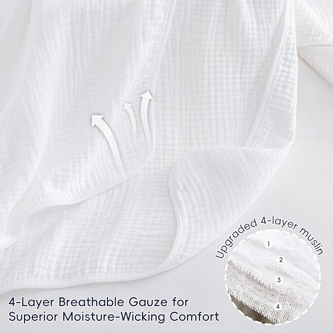 PHF Baby Muslin Swaddle Blanket, 100% Cotton Soft Breathable Receiving Blankets for Boys and Girls, 4-Layer Swaddle Wrap Burping Clothes, Baby Essentials, Large 47 x 47 inches, White