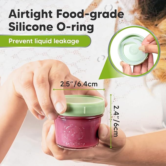 Keababies 4-Pack Silicone Baby Spoons and Forks Set and 12-Pack Baby Food Glass Containers - Baby Spoon Self Feeding, BLW Baby Utensils - 4 oz Leak-Proof, Microwavable, Baby Food Storage Container