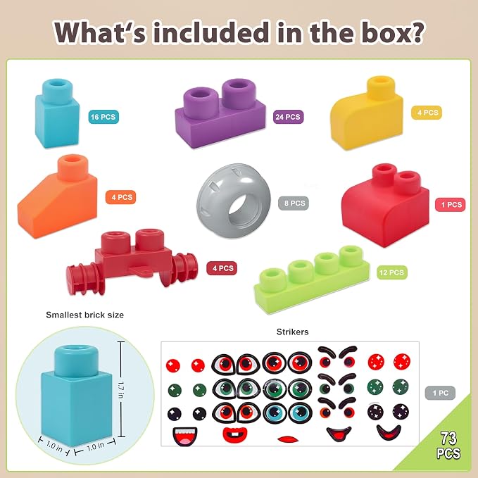 73 PCS Soft Building Blocks for Toddler 18M+, Big Stacking Blocks for Kids, STEM Educational Building Toys Set with Storage Box, Ideal for Early Learning and Hands-On Play
