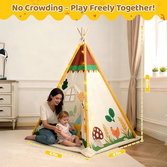 Teepee Tent for Kids, Play Tent with Padded Mat & Star Lights, Indoor Play Tent for Girls & Boys, Pastoral Chicken