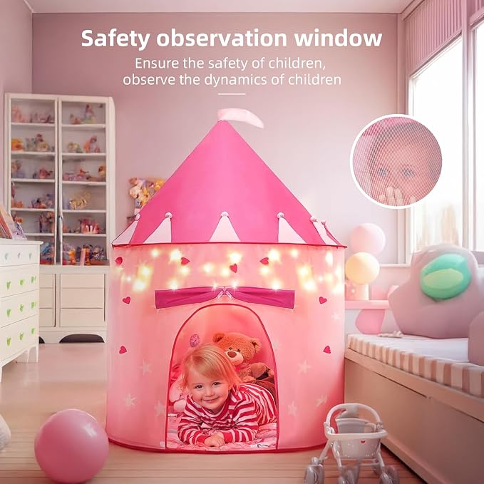 Princess Toy Tent with LED Star Lights for Little Girls - Princess Castle Tent - Indoor and Outdoor Girls Castle Playhouse