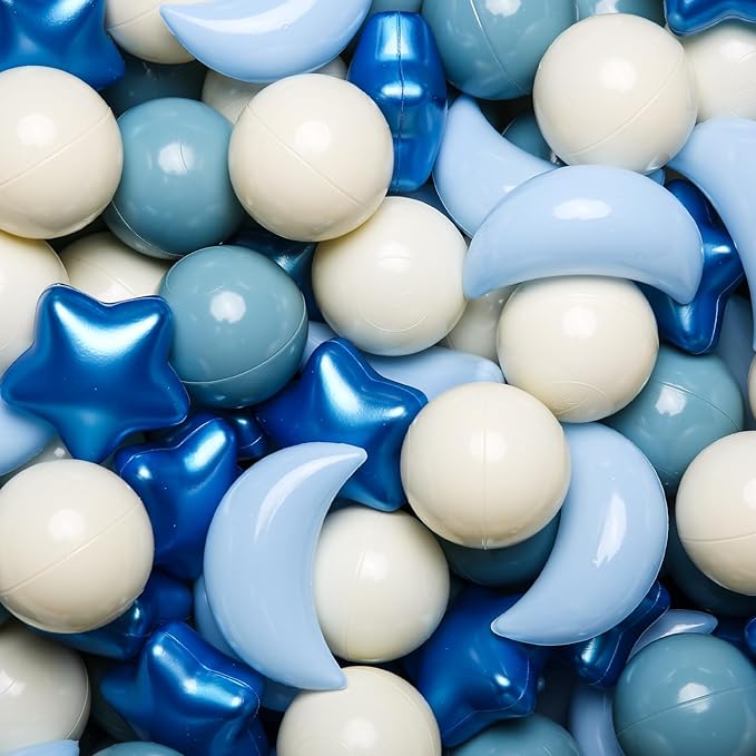 GOGOSO Ball Pit Balls Stars Moon Shapes Plastic Pitballs for Toddler Play Tent Baby Photo Props Kids Pool Water Toys Kiddie Pool Party Decor, Pearl Blue+Cream Blue+White,200PCS