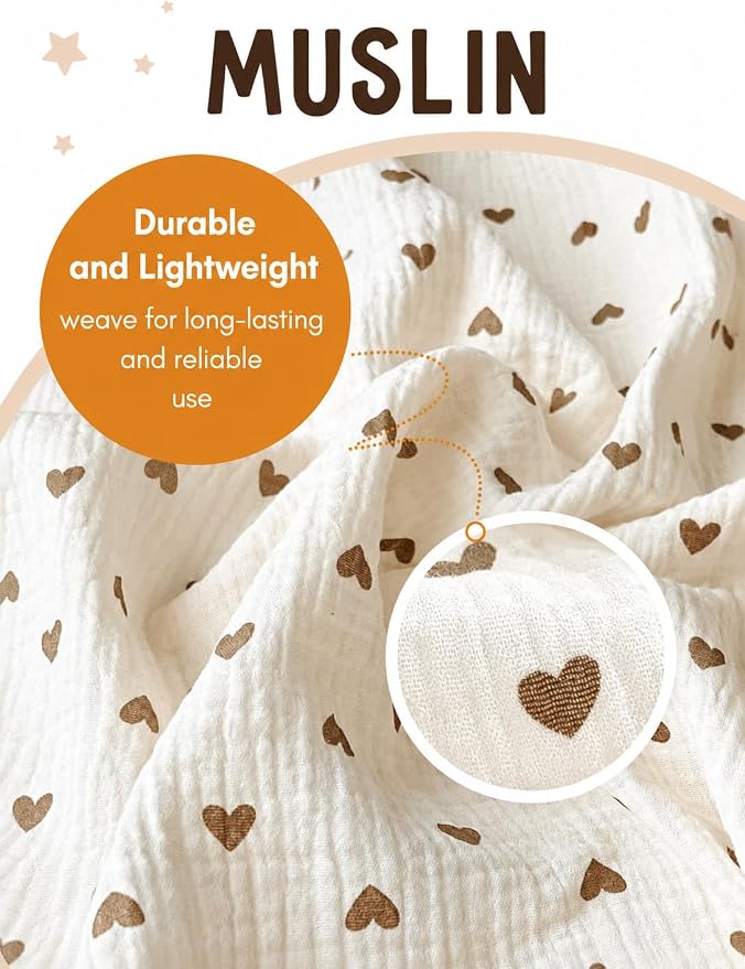 Muslin Swaddle Blankets for Newborns, Baby Fleece Blanket, 40 x 40 Inches, Soft Breathable Baby Blanket (Hearts)